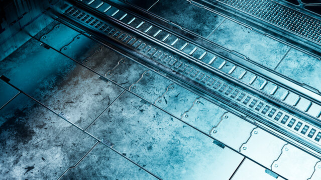 Metal industrial floor with scratched panels and grated sections