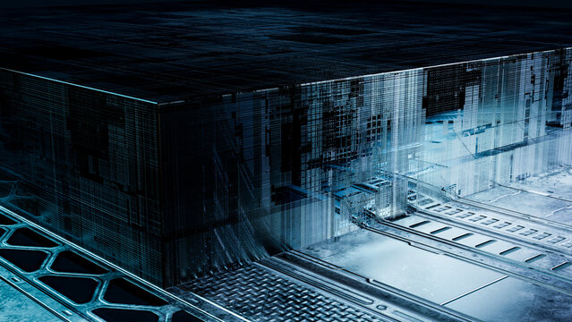 Futuristic metal platform with digital grid design