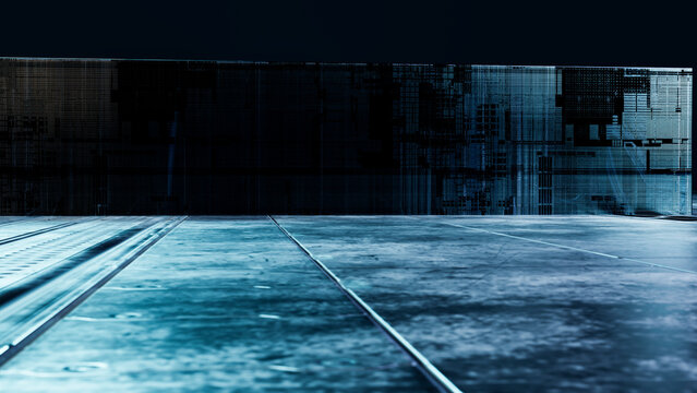 Industrial metal floor panels and dark textured metal wall