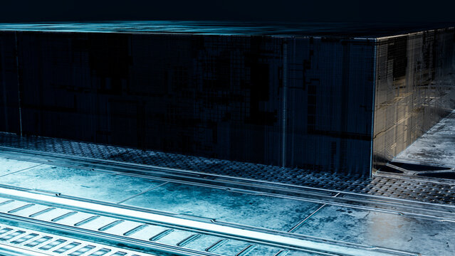Rectangular futuristic block with metallic texture on high-tech metal