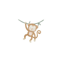 Cute baby monkey hanging on liana watercolor illustration, brown little ape for nursery decor © Tetiana Kravchenko