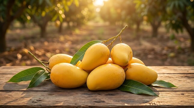 Fresh yellow mango fruits with green leaves placed on a rustic wooden table in a sunny fruit orchard. ataulfo mango