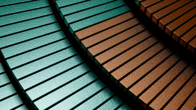 Close-up of textured green and copper metal bars in geometric pattern