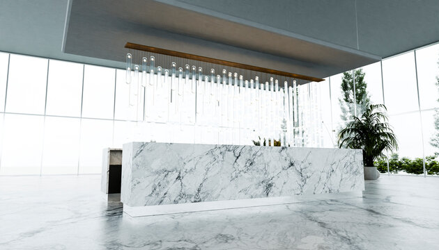 Marble reception desk in bright modern lobby with hanging glass lights