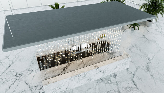 Modern chandelier with glass tube lights in marble interior
