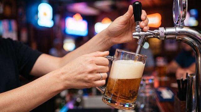Bartender pouring draft beer from tap into glass mug at a bar. Freshly poured lager with foamy head. Pub service and hospitality. Beer serving, nightlife and social gathering.