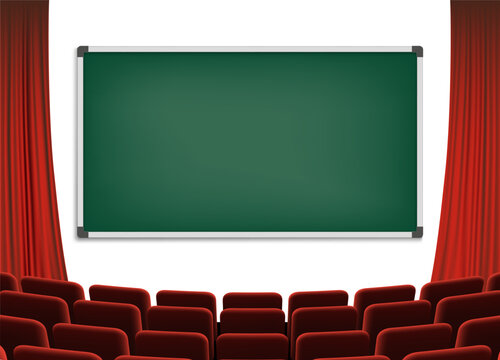 Classroom or auditorium with a curtain, armchairs, and a blackboard. Vector illustration.