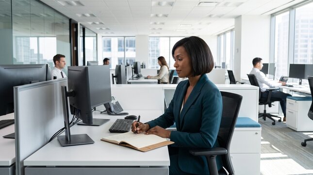 Professional Businesswoman Writing in Notebook at Office Desk