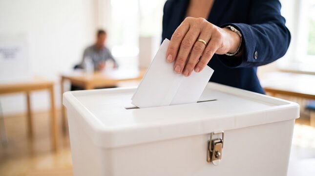 Hand placing a paper ballot into ballot box at polling station. Election voting and civic participation. Democracy and public choice. Electoral process and political engagement.