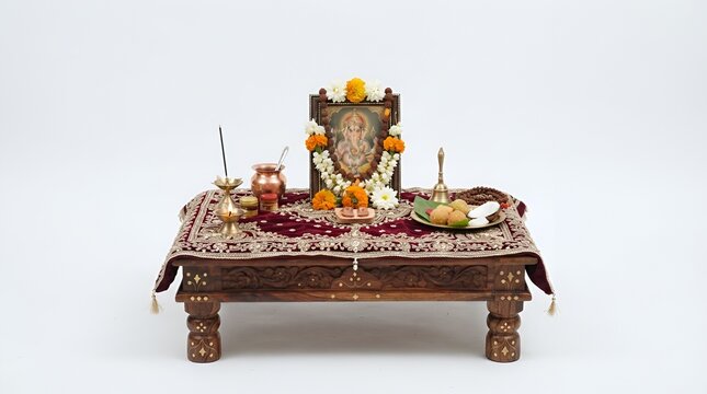 Title: Traditional prayer altar setup with deity frame and offerings for religious rituals on white