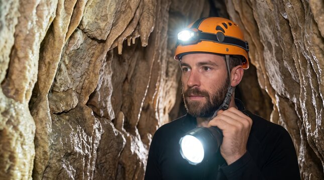 Man exploring a rocky cave wearing a helmet and holding a flashlight. Cave exploration and spelunking adventure. Outdoor recreation, geology and subterranean nature. Adventure and discovery.