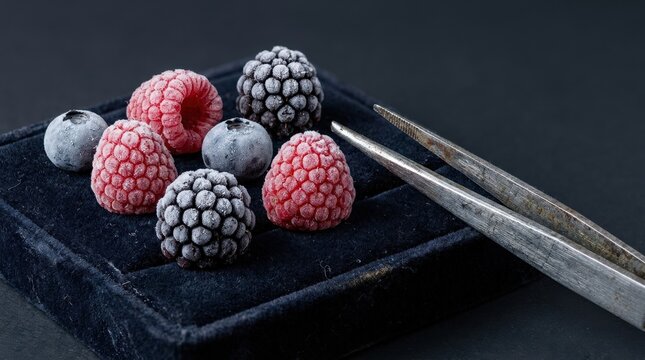 Frozen raspberries, blueberries, and blackberries arranged on a dark velvet pad beside metal tweezers, detailed berry still life