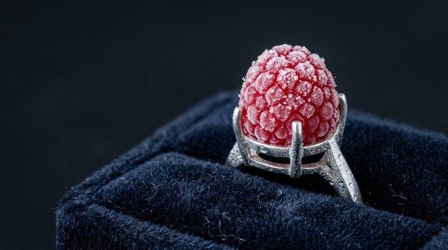 Frozen raspberry in silver jewelry mount resting on dark blue velvet, close up still life with textured fruit and metal setting