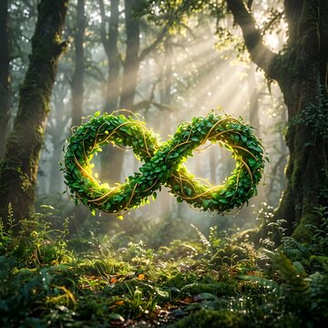 Infinity symbol made of lush green vines and leaves floating in a magical sunlit forest