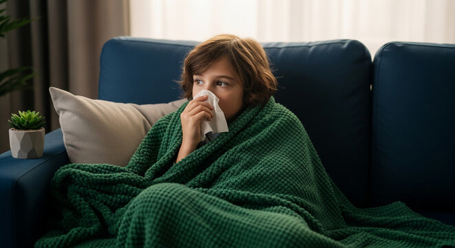 A young boy wrapped in a green blanket, blowing his nose, representing illness, comfort, and home care