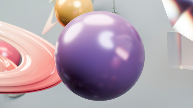 Abstract composition of colorful floating spheres and geometric shapes