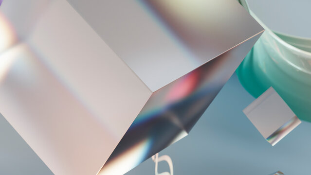 Metallic reflective cubes floating with colorful light reflections