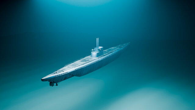 Submarine navigating underwater in the deep ocean