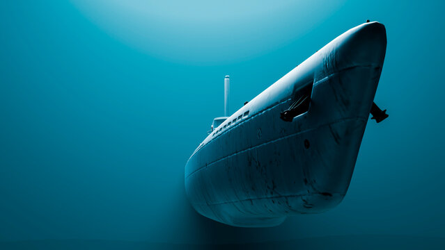 Submarine navigating underwater ocean at depth