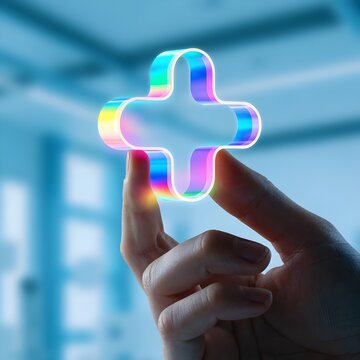 Hand holding a glowing holographic plus sign symbol representing healthcare and positive growth