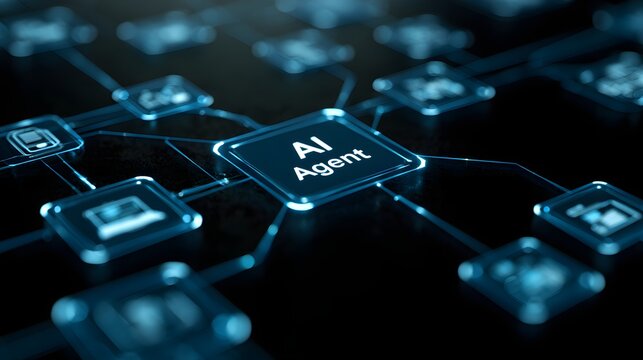 A glowing AI agent chip connects intelligent nodes across a digital network. Autonomous systems, automation, machine learning, and software orchestration drive the technology concept.