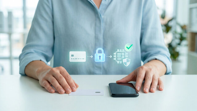 Payment Security and Card Tokenization Concept, Woman with Blank Credit Card and Smartphone Showing Digital Padlock and Chip Shield for Safe Mobile Payment and Fraud Protection