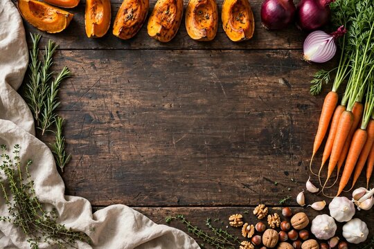 Flat lay of fresh autumn harvest vegetables, herbs and nuts on a rustic dark wooden table, top view with copy space for seasonal cooking and organic food concept