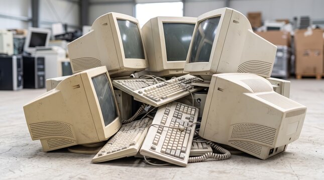 Pile of CRT computer monitors and keyboards in an electronics recycling warehouse. Obsolete technology and electronic waste. Computer hardware disposal and digital age obsolescence.