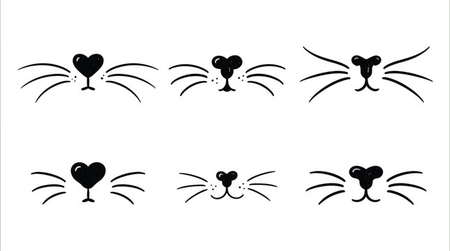 Cute hand drawn cat whiskers and nose vector set featuring black feline muzzle shapes with heart noses
