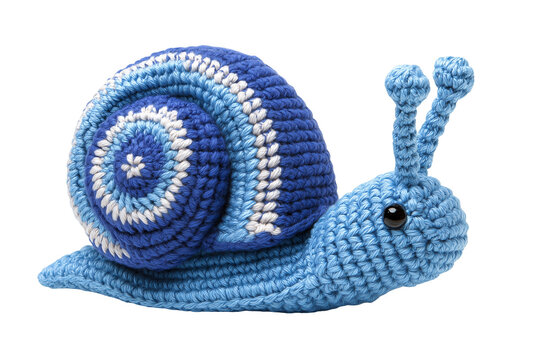 Handmade crochet blue snail toy on a white background with knitted snail stuffed animal yarn craft nursery decor