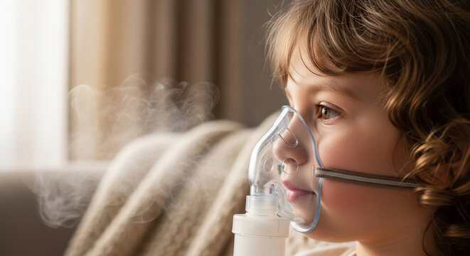 Close-up of a young child's face wearing a nebulizer mask, with steam rising, symbolizing health and treatment