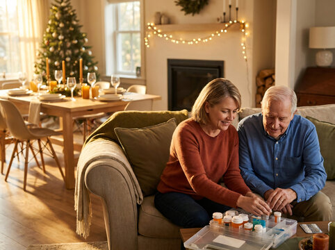 Woman and elderly man organizing medication at home. Caregiver supporting aging parent during Christmas.