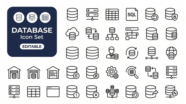 Database Icon Set with Server Storage, SQL Query, and Data Management System Symbols