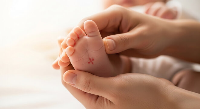 Gentle hands cradle a baby's foot, showcasing delicate toes and soft skin, symbolizing new life, innocence, and parental love
