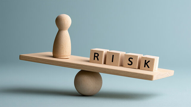 Wooden figure balancing against risk blocks on a seesaw, business risk management, uncertainty, decision making and financial assessment concept