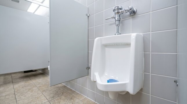 Wall-mounted white urinal with chrome flush valve in tiled bathroom. Modern restroom plumbing fixture. Washroom hygiene and sanitation. Minimal interior design with open copy space.