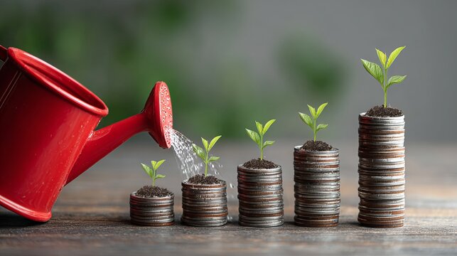 Red watering can irrigates stacked coins, symbolizing gradual financial growth, investment concepts, and nurturing a blossoming economy, representing progress