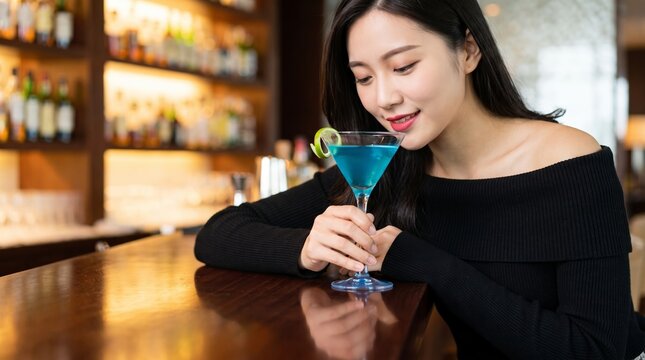 Woman holding a blue cocktail at a bar counter. Lime garnish on cocktail glass. Bar lounge hospitality. Social drinking, dining and leisure lifestyle. Adult evening out and relaxation.