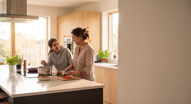 Happy Mother and Teenage Daughter Cooking Together in a Bright Modern Kitchen, Preparing Healthy Meal with Fresh Vegetables on a White Island