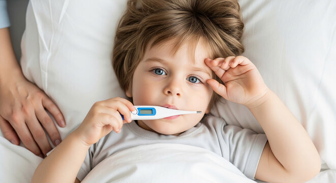 Close-up of a sick child with a thermometer in their mouth, symbolizing illness, care, and childhood health concerns.