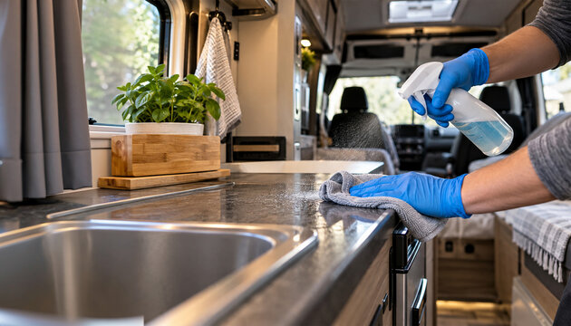 Cleaning and disinfecting a modern camper van kitchen with spray bottle and microfiber cloth, hygiene and RV maintenance concept