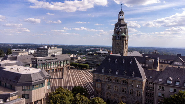 Aerial View of Remscheid Town Hall in the City Center, North Rhine-Westphalia, Germany 4k