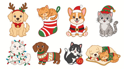 Obraz premium Christmas Pet Dog Cat Holiday Flat Vector Illustration Set