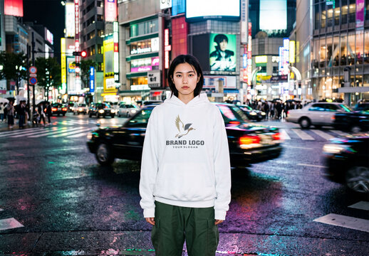 Mockup Template of White Hoodie on Woman in Night City