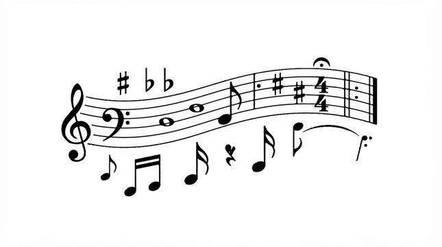 vector music notes and symbols, flat design, simple, minimalist, plain white background
