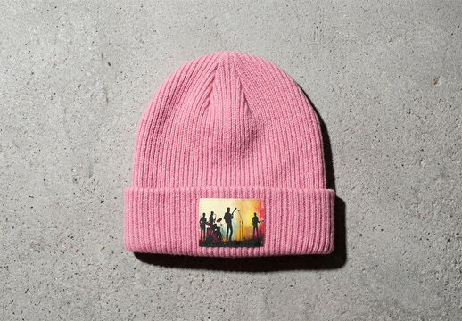 Mockup Template of Label Patch on Pink Beanie