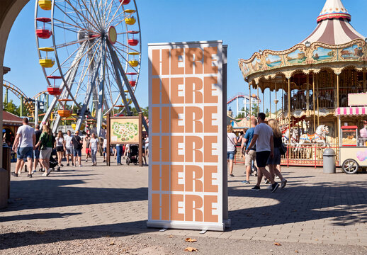 Mockup Template of Roll Up Banner in Amusement Park