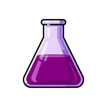 A conical Erlenmeyer flask filled with vibrant purple liquid. Vector illustration representing chemical reactions, scientific experiments, and laboratory research.