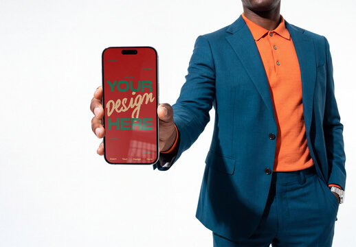 Mockup Template of Smartphone Screen Held by Man in Suit