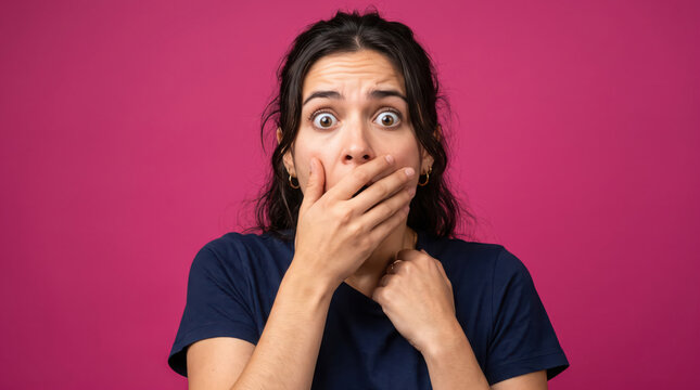 Shocked woman covering her mouth with hand.